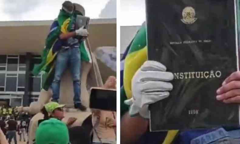 Homem envolto em uma bandeira do Brasil exibe a rplica da Constituio