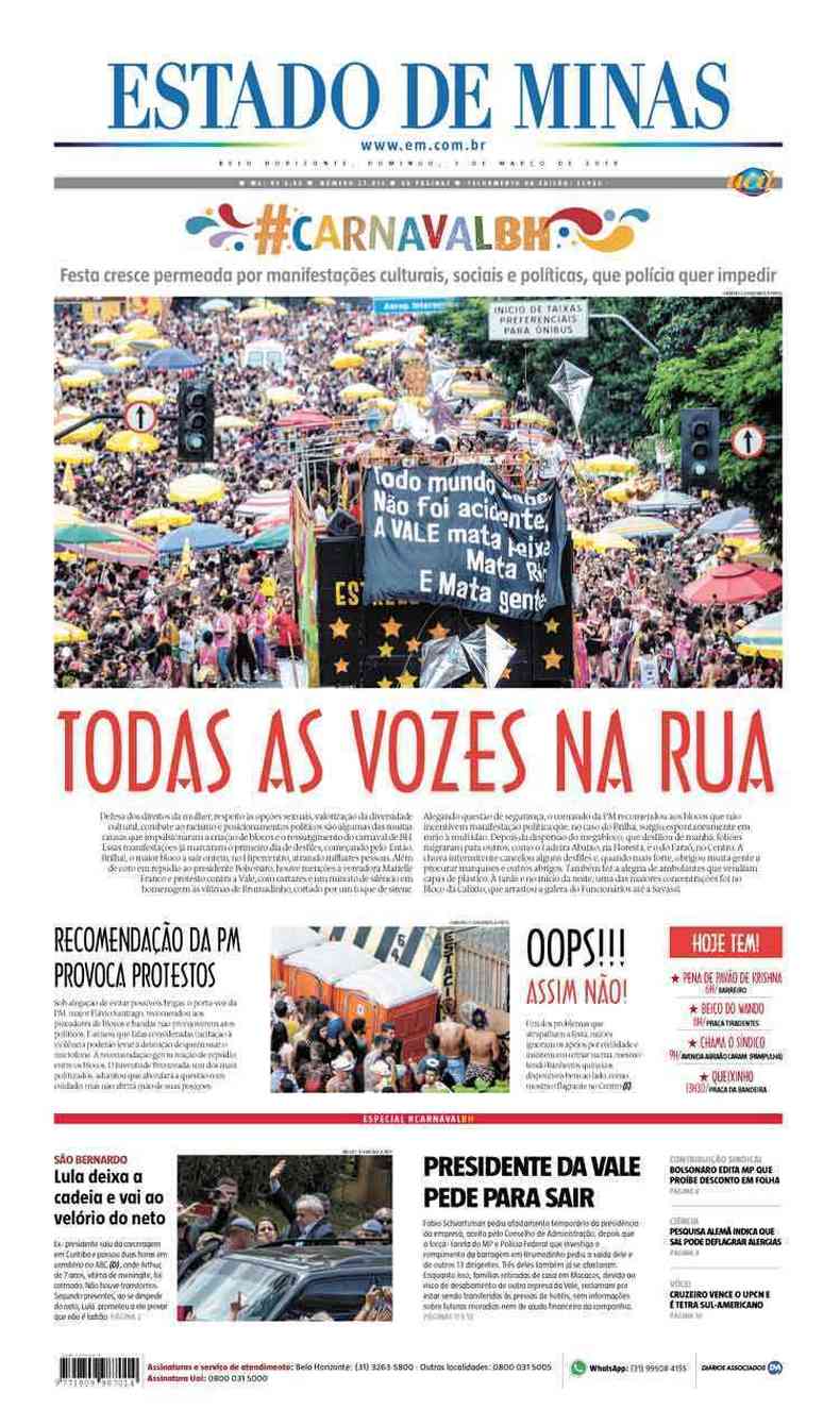 Confira a Capa do Jornal Estado de Minas do dia 03/03/2019(foto: Estado de Minas)