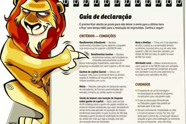 Arte mostra o Leo do IR apontando para o prazo final de entrega da declarao