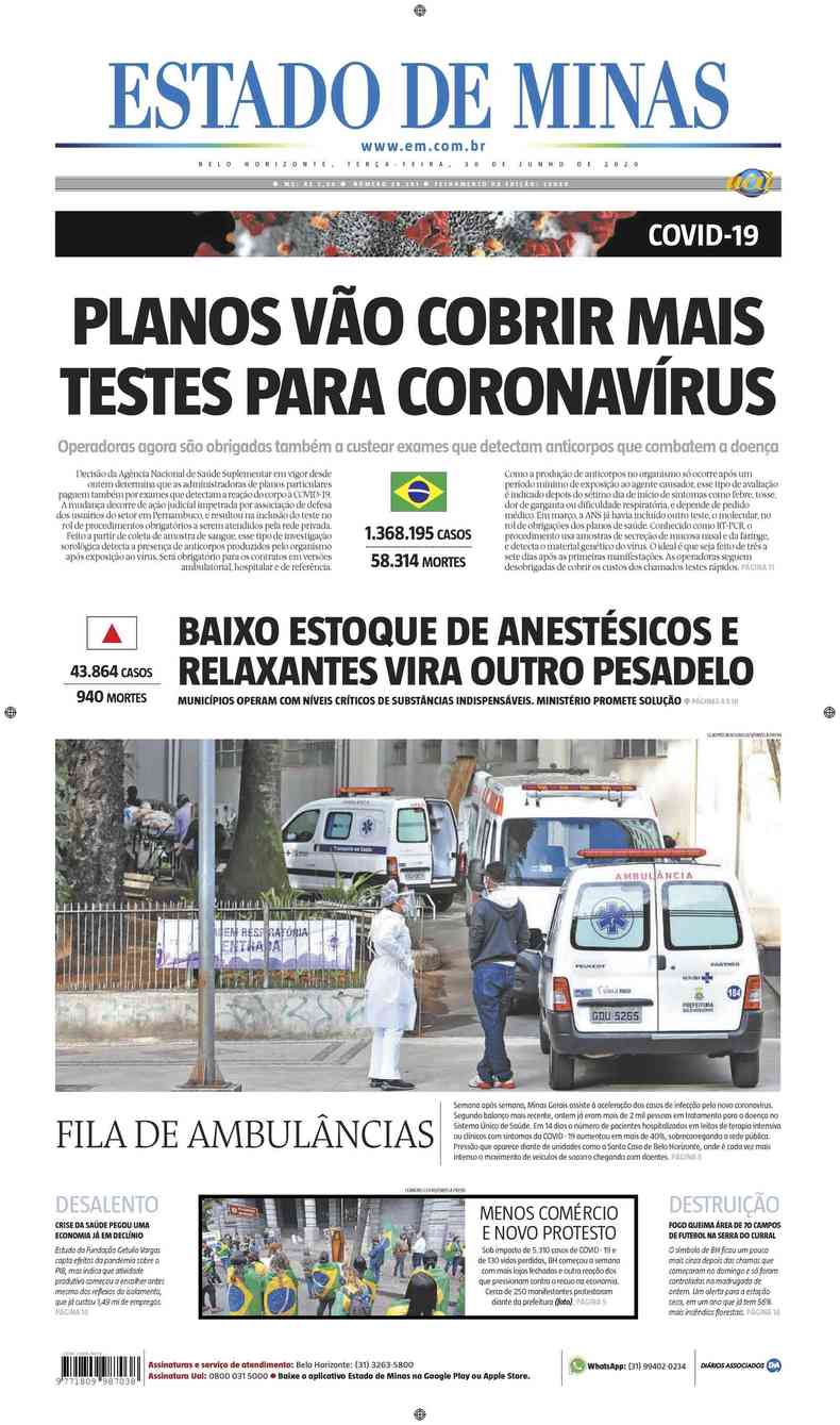 Confira a Capa do Jornal Estado de Minas do dia 30/06/2020(foto: Estado de Minas)