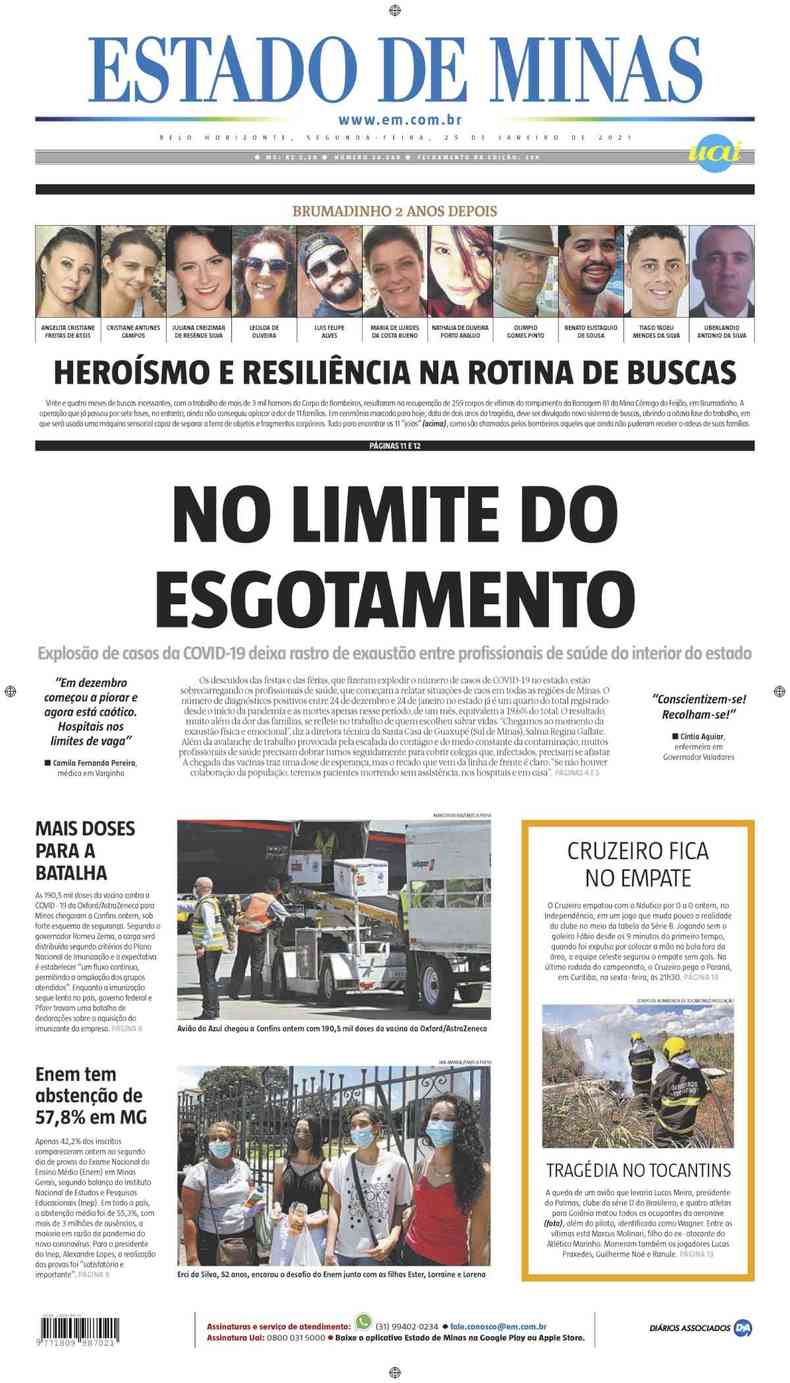 Confira a Capa do Jornal Estado de Minas do dia 25/01/2021(foto: Estado de Minas)