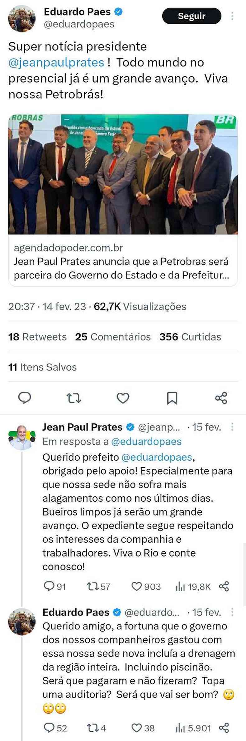 Captura de tela mostra troca de tutes entre o presidente da Petrobras, Jean Paul Prates, e o prefeito do Rio, Eduardo Paes