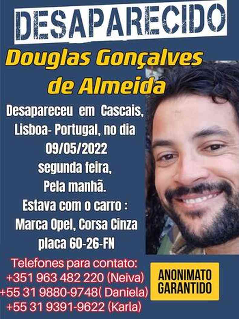 Cartaz com informaes de Douglas Gonalves Almeida, 36 anos, mineiro que est desaparecido em Portugal