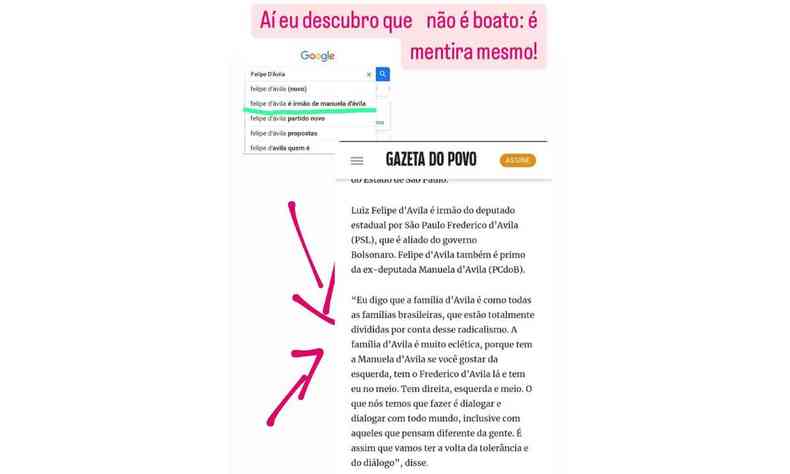 Manuela d'vila publicou um trecho de uma reportagem do jornal Gazeta do Povo que afirmava que ela era prima de Felipe