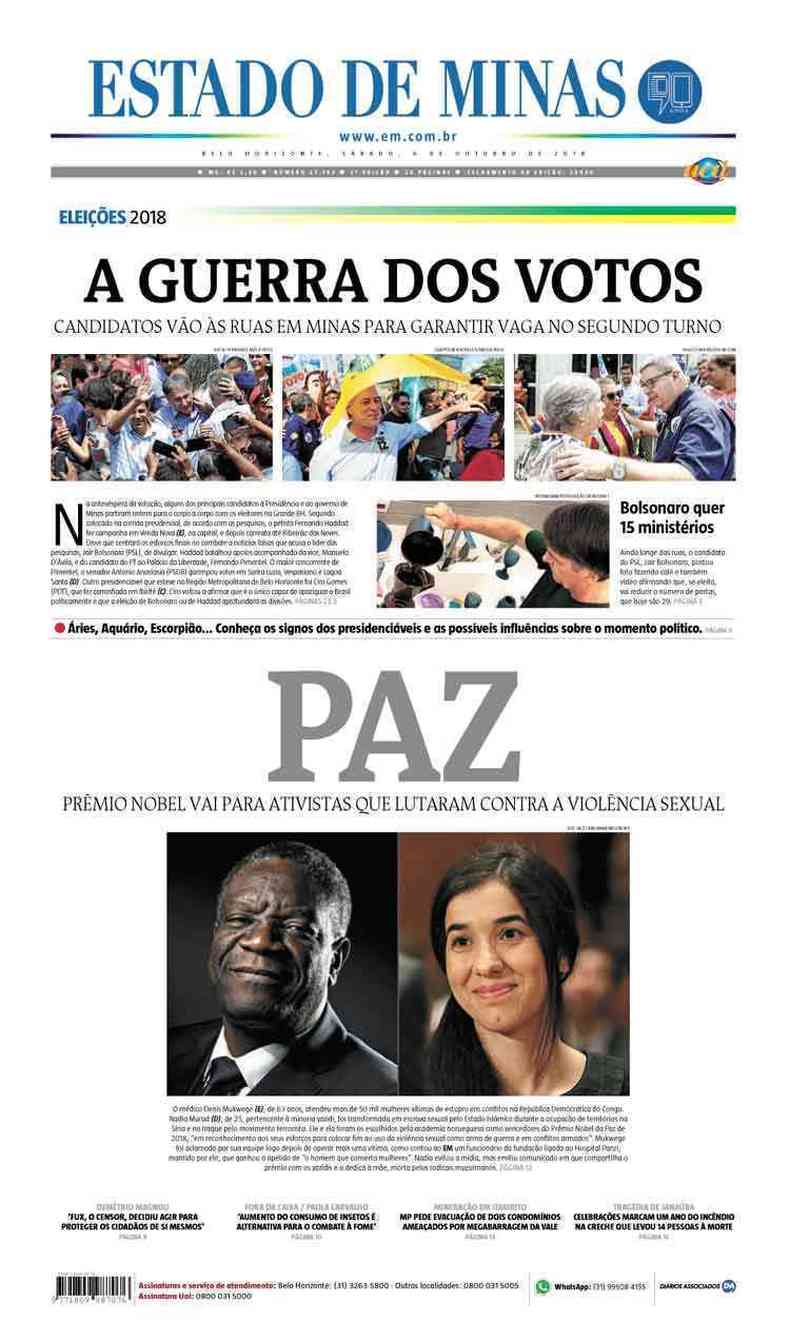 Confira a Capa do Jornal Estado de Minas do dia 06/10/2018(foto: Estado de Minas)