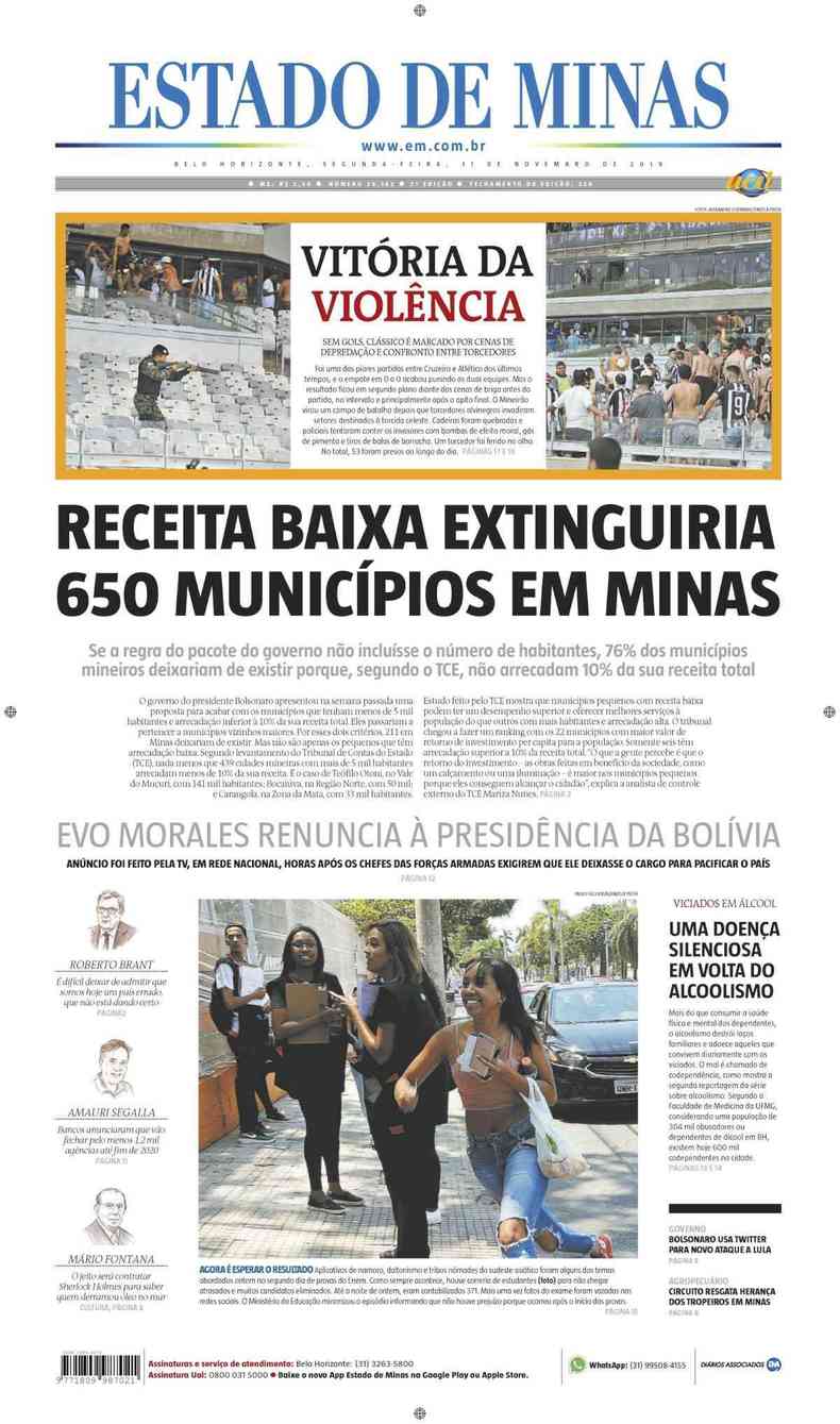 Confira a Capa do Jornal Estado de Minas do dia 11/11/2019(foto: Estado de Minas)