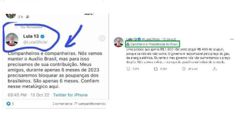 Comparao feita em 19 de outubro de 2022 entre uma publicao no Facebook (E) e um tute de Lula em sua conta oficial