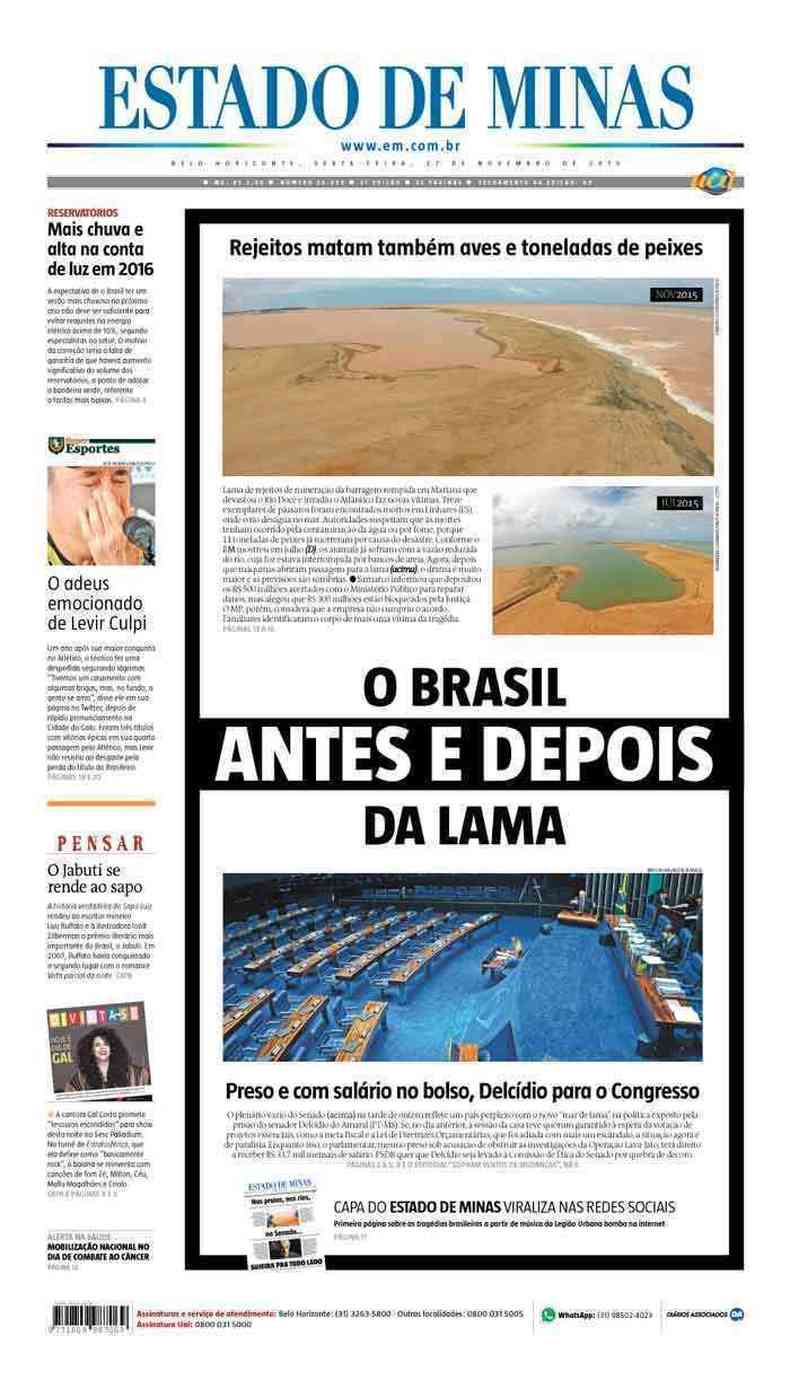 Confira a Capa do Jornal Estado de Minas do dia 27/11/2015