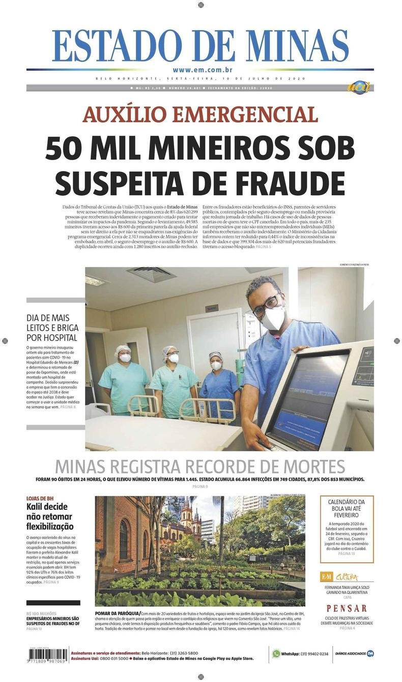 Confira a Capa do Jornal Estado de Minas do dia 10/07/2020(foto: Estado de Minas)