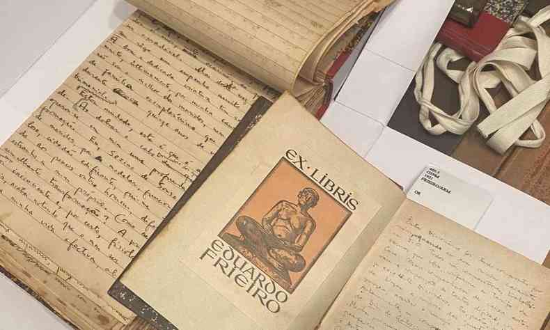 Folhas amarelas manuscritas com anotações do escritor Eduardo Frieiro
