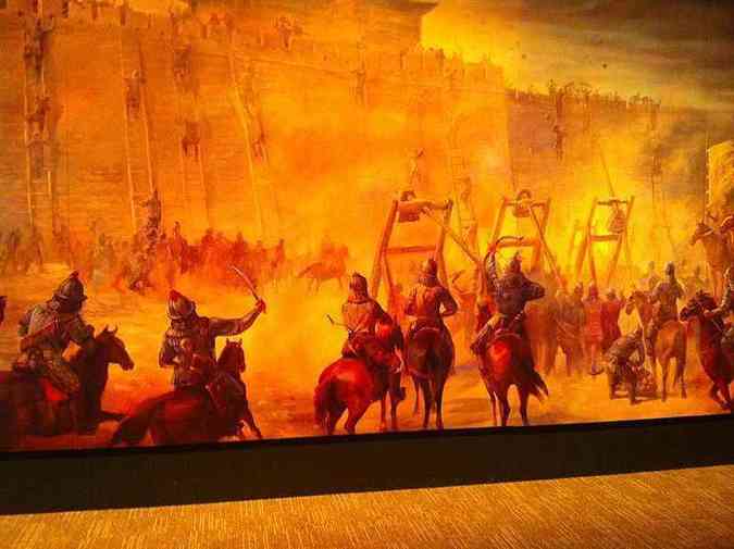 Cerco mongol: Supremacia tecnolgica nas armas de cerco s custas da escravizao de engenheiros e cientistas dos povos conquistados.(foto: Bill Toroli - Mural of seige warfare, Genghis Khan Exhibit, Tech Museum San Jose, 2010 (CC))