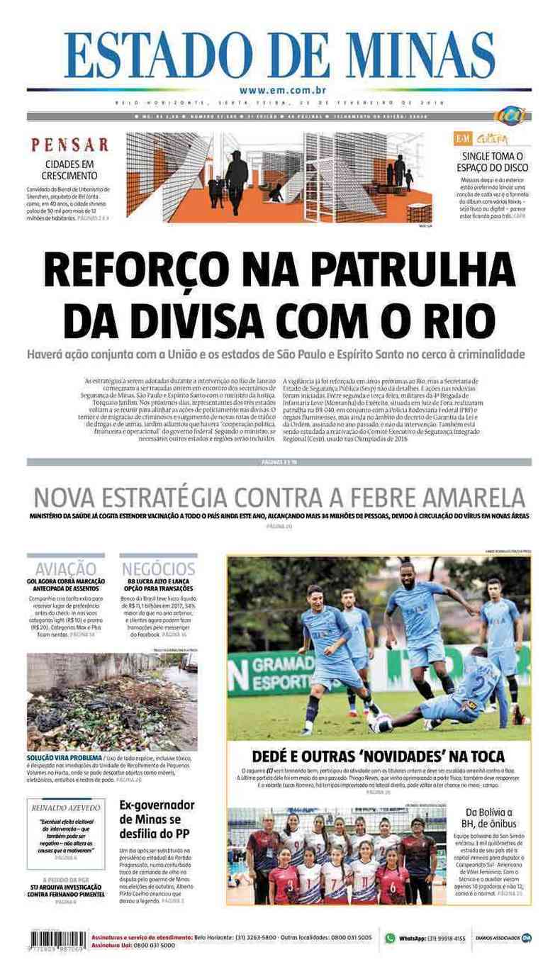 Confira a Capa do Jornal Estado de Minas do dia 23/02/2018