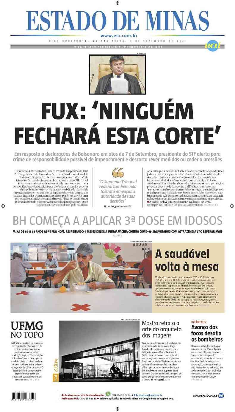 Confira a Capa do Jornal Estado de Minas do dia 09/09/2021