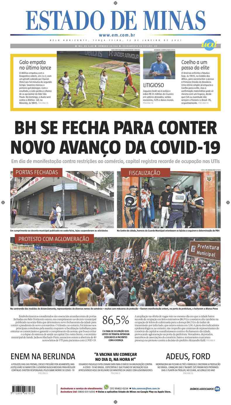 Confira a Capa do Jornal Estado de Minas do dia 12/01/2021(foto: Estado de Minas)