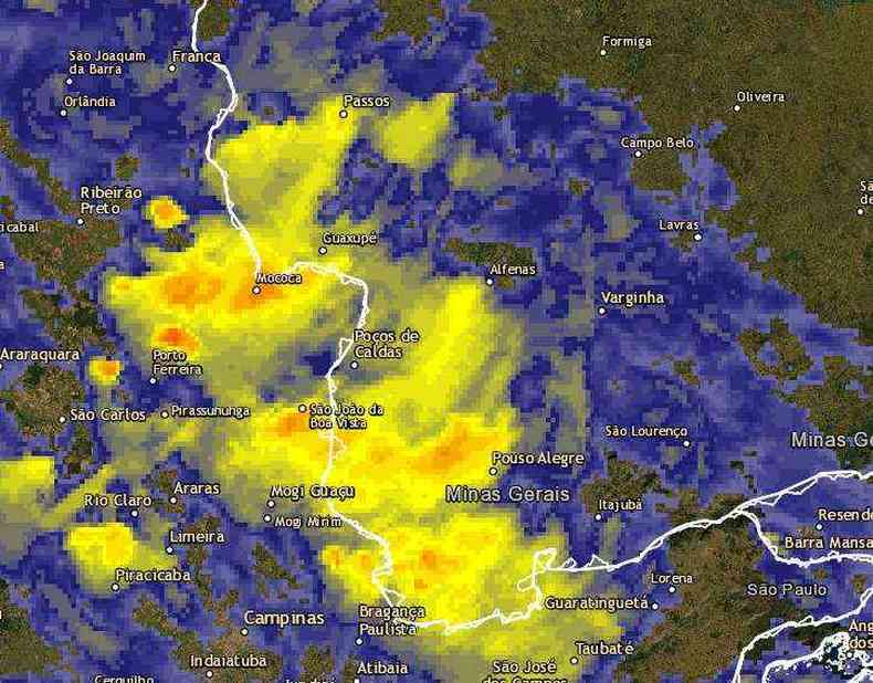 mapa da regio de Minas Gerais mostrando a rea de atuao de uma frente fria