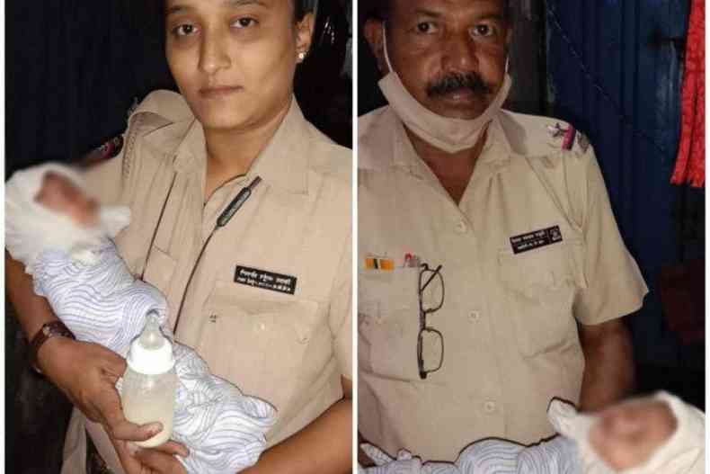 Policiais posam para fotos com o beb salvo no colo