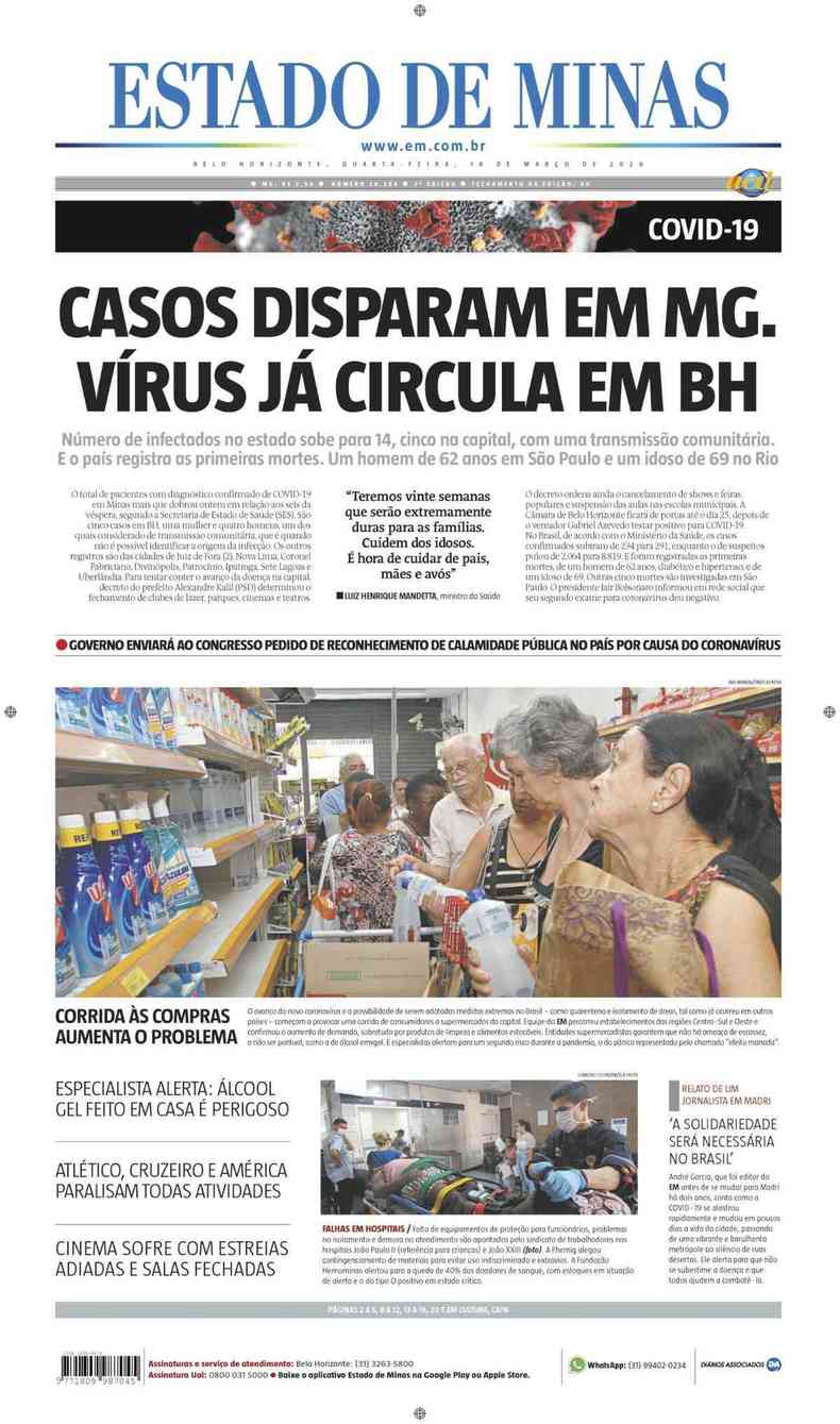 Confira a Capa do Jornal Estado de Minas do dia 18/03/2020(foto: Estado de Minas)