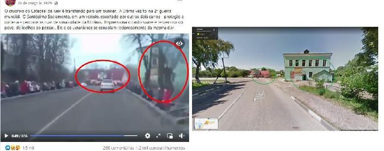 Comparao de um momento do vdeo viral (E) e a localizao no Google Maps de Mednychi, na Ucrnia, feita em 31 de maro de 2022