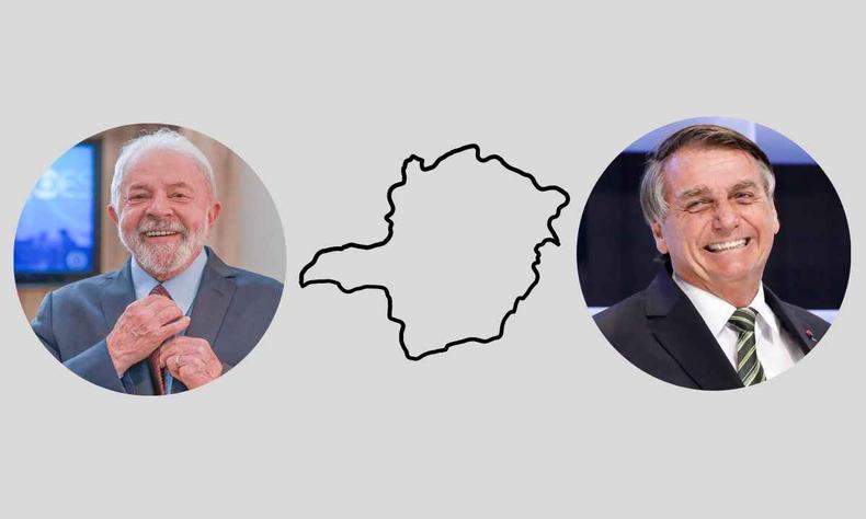 Fotomontagem com Lula de um lado e Bolsonaro do outro, separados por um mapa de Minas Gerais