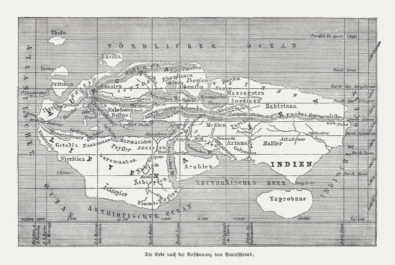Mapa-mndi segundo Eratstenes de Cirene. Gravura em madeira, publicada em 1888.