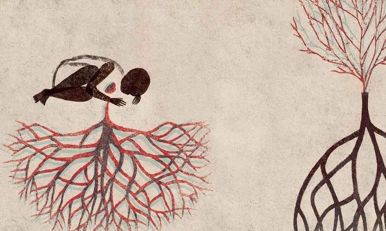 Ilustrações de 'Origem' remetem a memórias da viagem de Anna Cunha à África(foto: Anna Cunha/divulgação) Ilustração do livro Origem remete a crianças e plantas da África