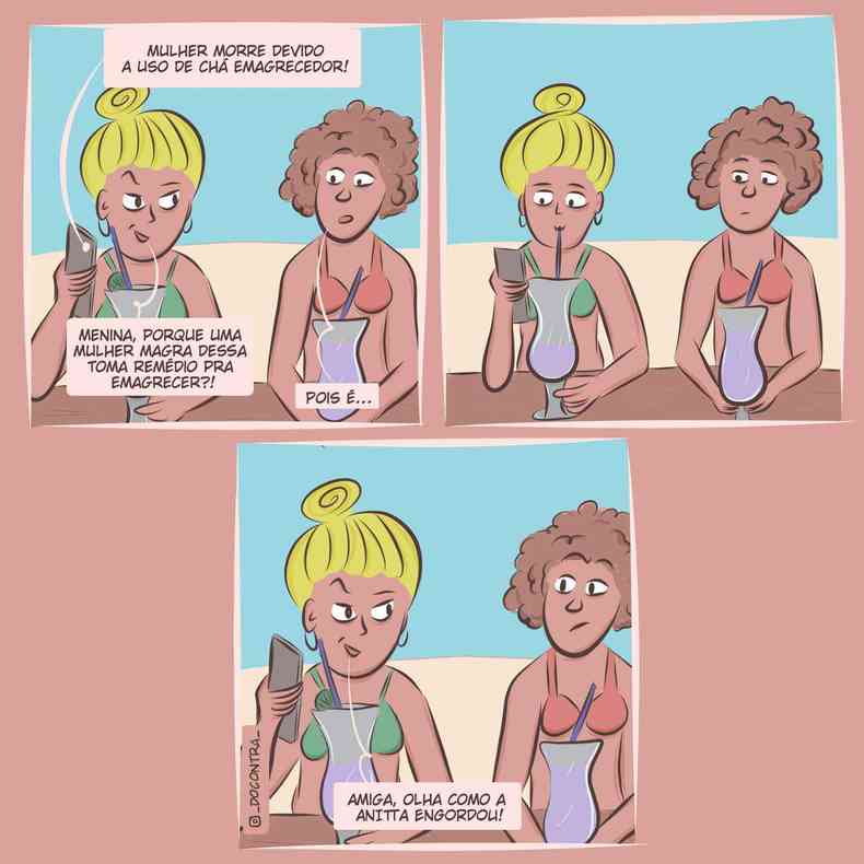 Desenho em quadrinhos em que duas mulheres conversam sobre chás que prometem emagrecimento