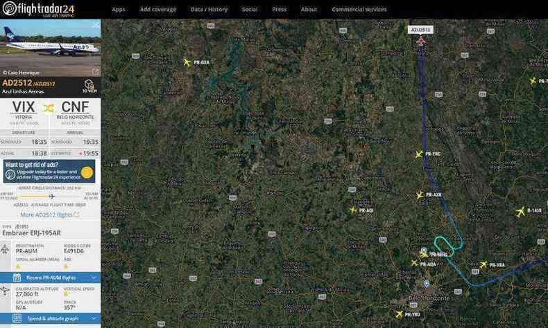 Voo 2512, da Azul, sobrevoou Aeroporto de Confins mas foi desviado para Montes Claros (foto: Flight Radar/Reproduo)