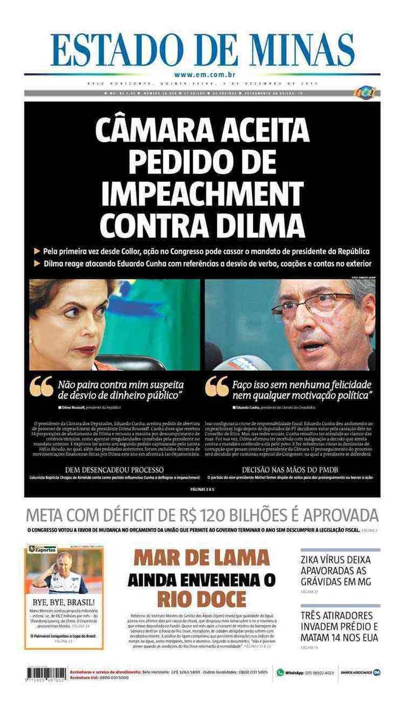 Confira a Capa do Jornal Estado de Minas do dia 03/12/2015