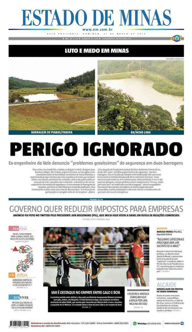 Confira a Capa do Jornal Estado de Minas do dia 31/03/2019(foto: Estado de Minas)