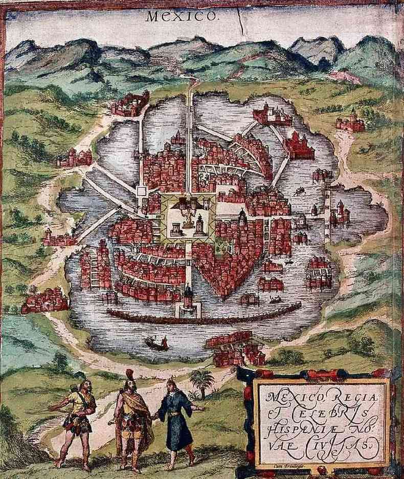 Ilustrao mostra Mxico-Tenochtitln no incio do sculo 16 - provavelmente baseada em um esboo de Corts de 1524(foto: Getty Images)