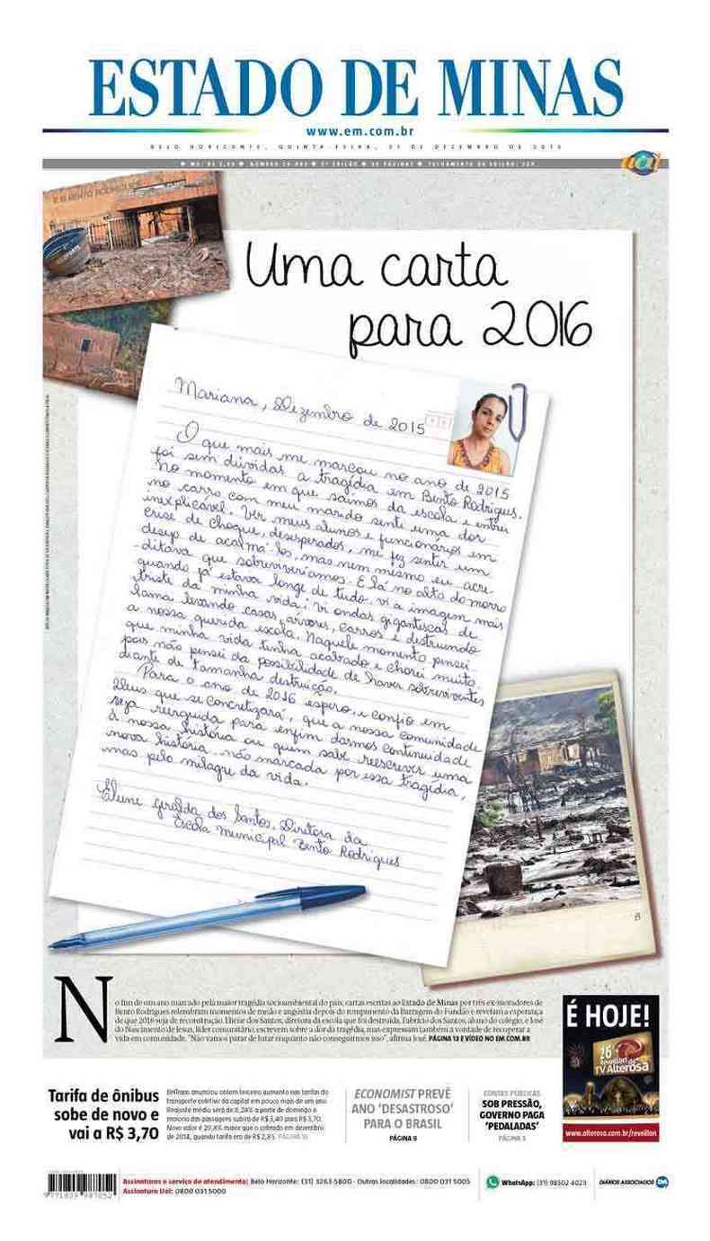 Confira a Capa do Jornal Estado de Minas do dia 31/12/2015