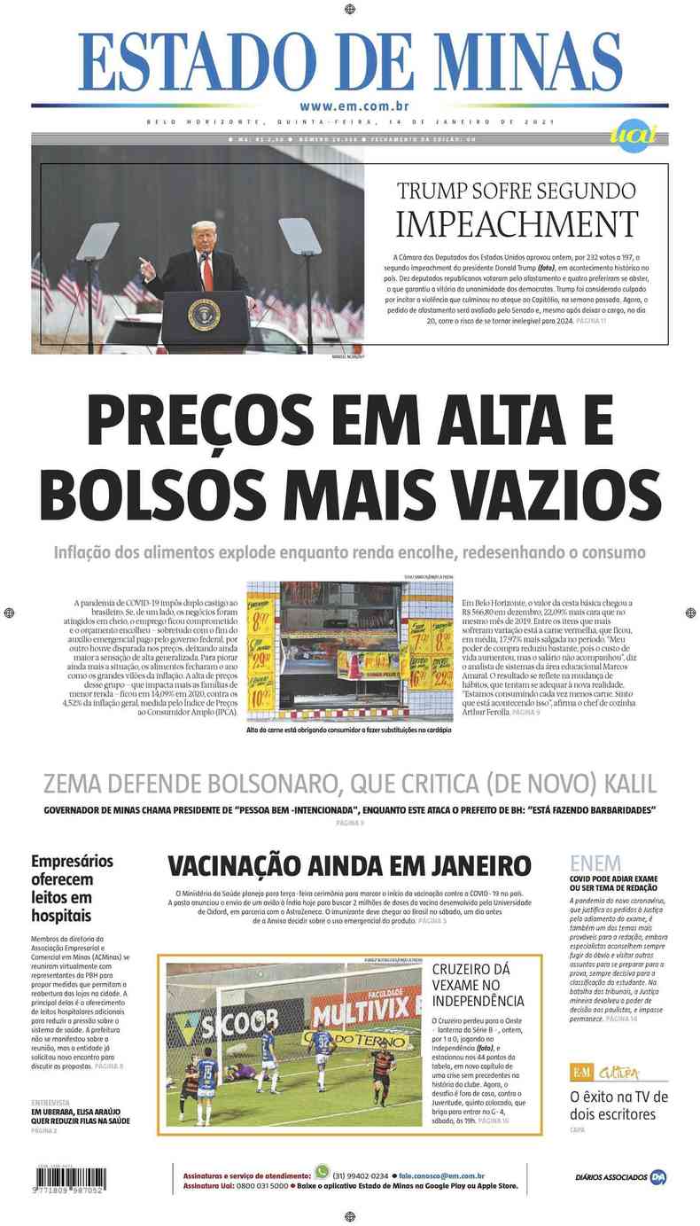 Confira a Capa do Jornal Estado de Minas do dia 14/01/2021(foto: Estado de Minas)