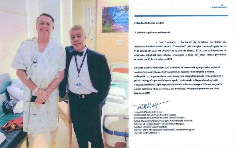 Montagem com foto de Bolsonaro no hospital e laudo mdico