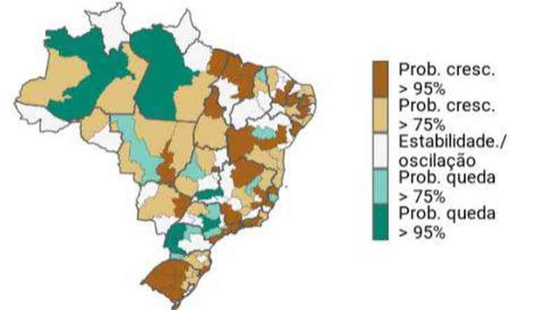 Mapa aponta as probabilidades de alta, estabilizao ou queda da pandemia no Brasil(foto: Reproduo/Fiocruz)