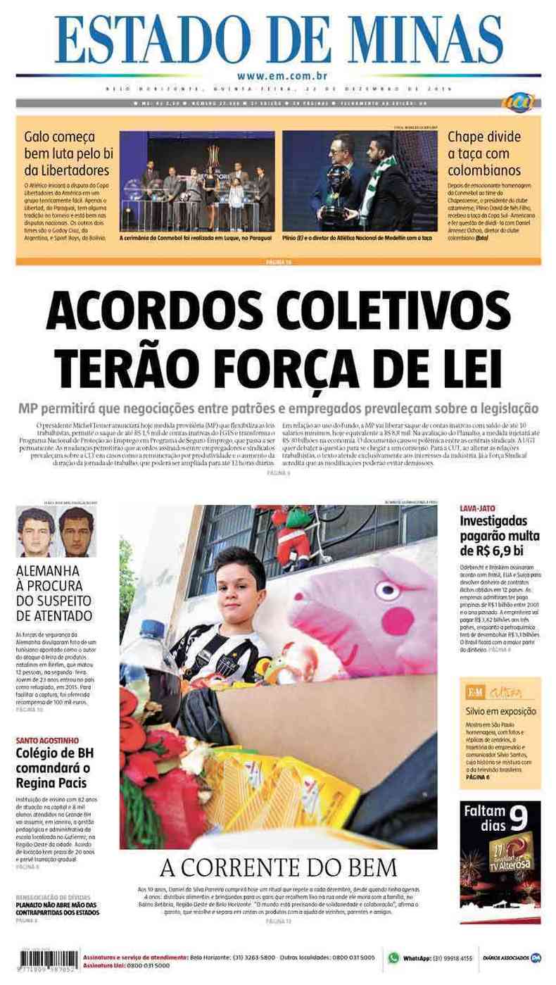 Confira a Capa do Jornal Estado de Minas do dia 22/12/2016
