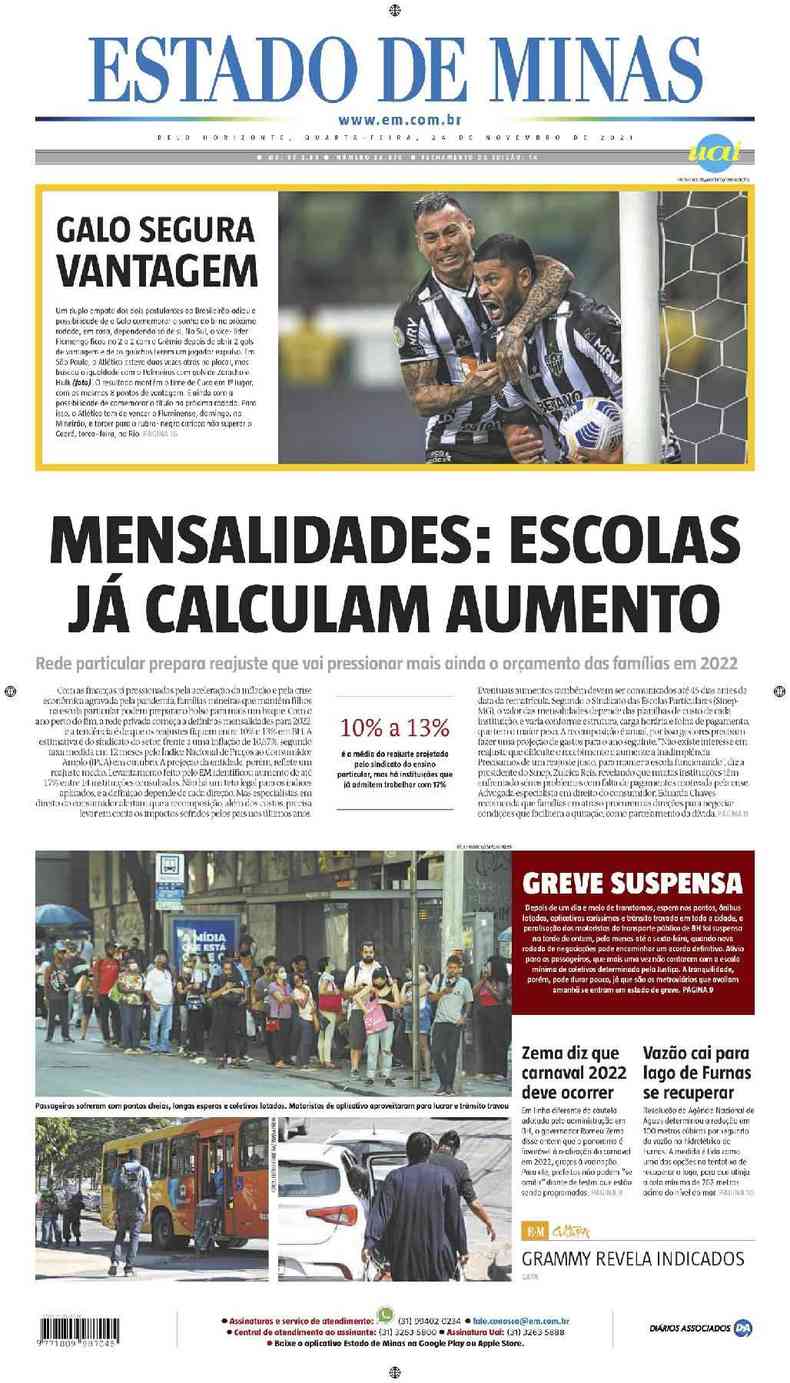 Confira a Capa do Jornal Estado de Minas do dia 24/11/2021
