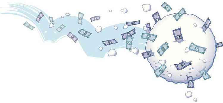 Ilustrao mostra notas de dinheiro descendo em uma bola de neve
