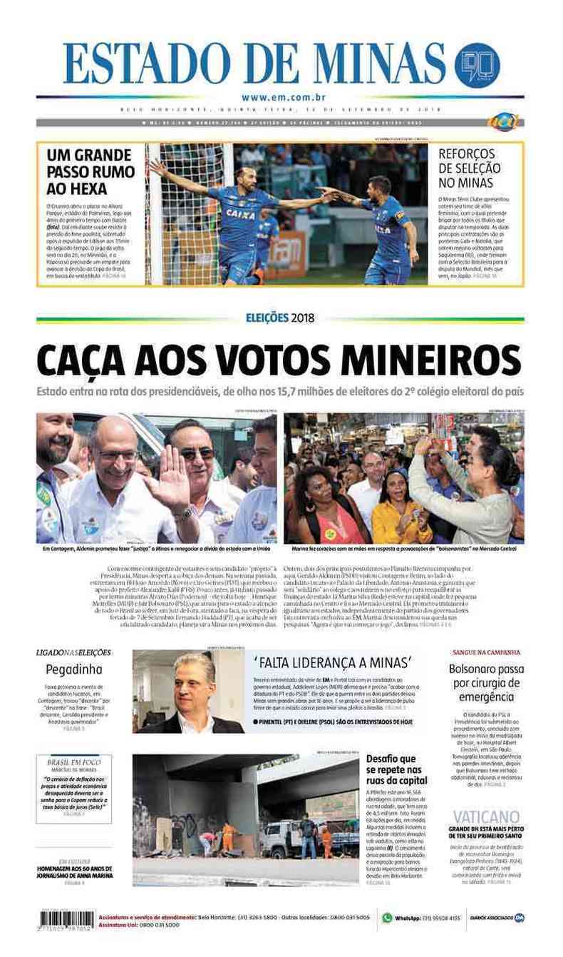 Confira a Capa do Jornal Estado de Minas do dia 13/09/2018(foto: Estado de Minas)