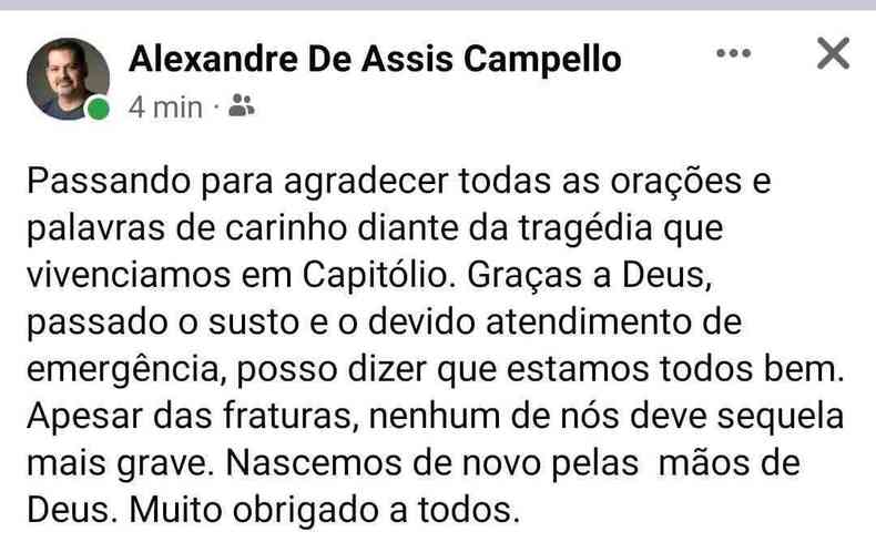 Alexandre Campello fez post no Facebook para agradecer o apoio e as oraes