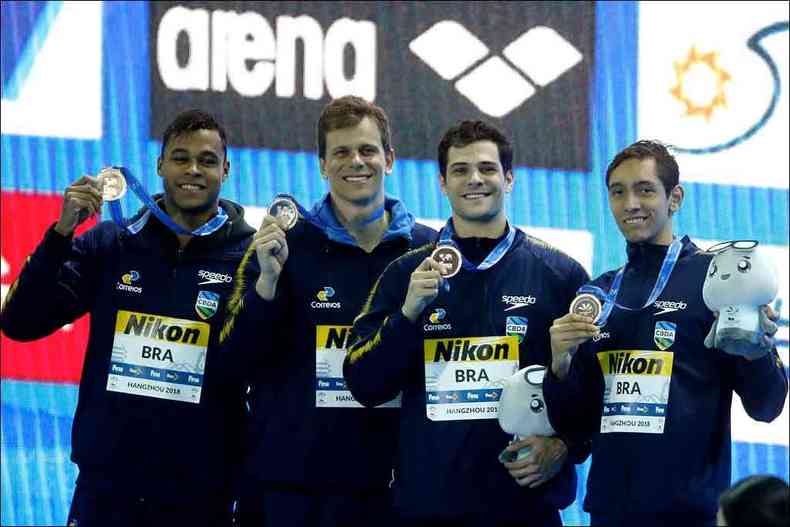Os nadadores Matheus Santana, Cesar Cielo, Marcelo Chierighini e Breno Correia(foto: Satiro Sodr/SSPRESS/CBDA)