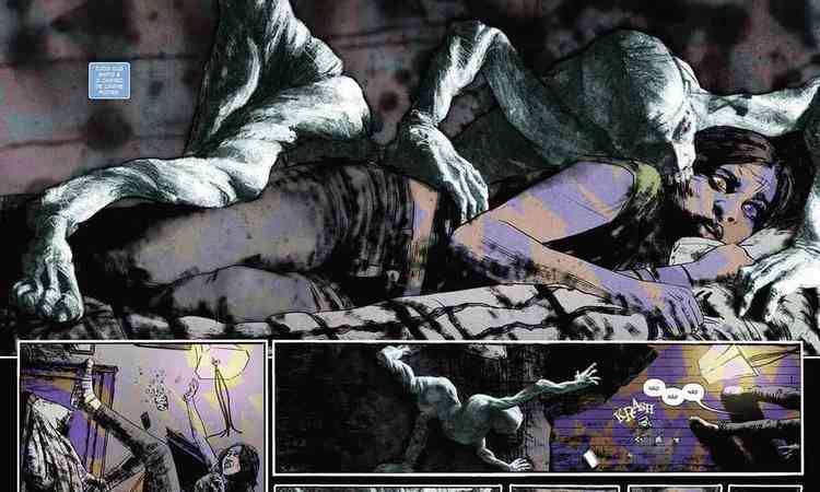 Histria em quadrinhos Infiel, em tons negros, mostra monstro dilacerando o pescoo de mulher