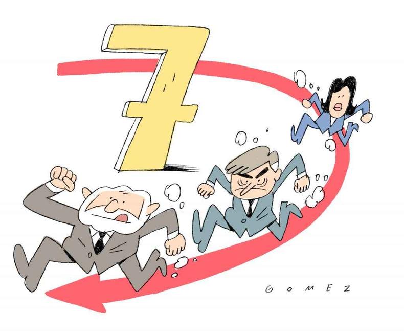 (foto: Ilustração/Gomez) Ilustração mostra Lula sendo perseguido por Bolsonaro e Tebet na corrida eleitoral