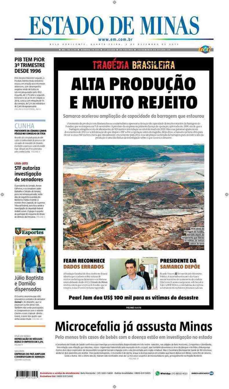 Confira a Capa do Jornal Estado de Minas do dia 02/12/2015