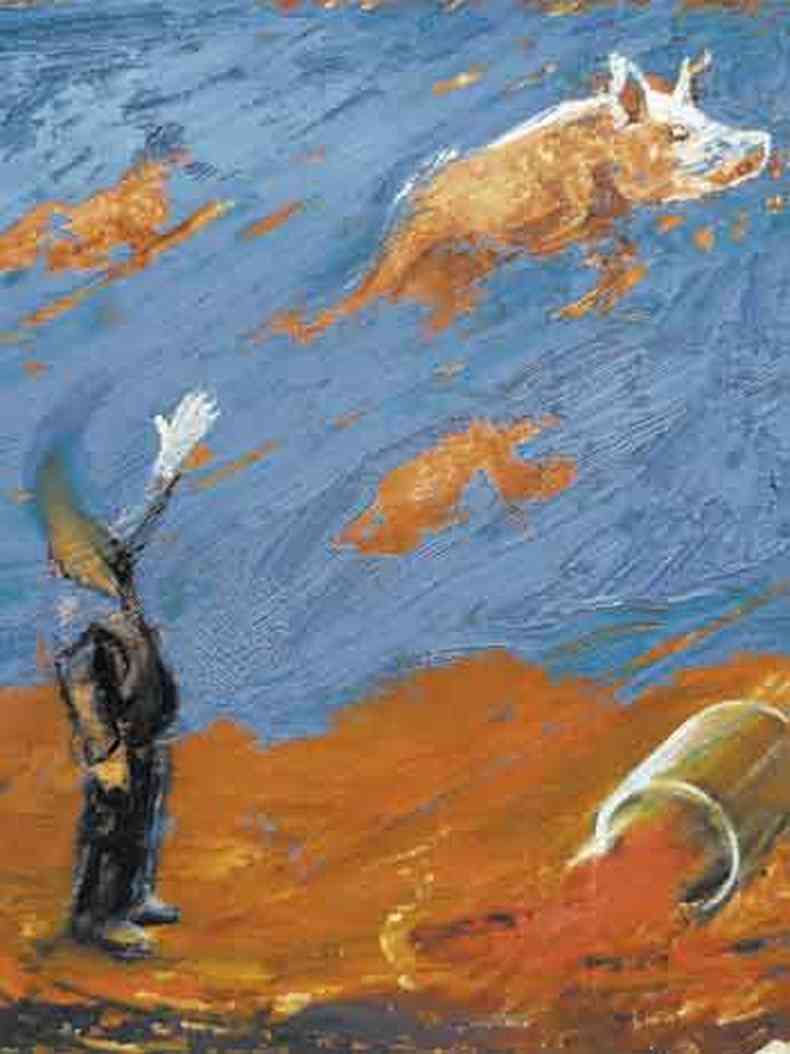 Pintura de Mateus Moreira mostra figura humana com a mo para cima, enquanto porcos voam no cu azul. No cho, lata derrama lquido vermelho 