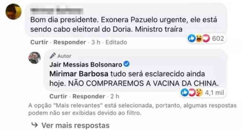 Por duas vezes, Bolsonaro rejeitou a compra de vacinas nas redes sociais(foto: Reproduo/Redes sociais)