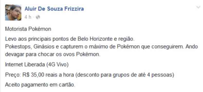 Servio de motorista foi oferecido por meio das redes sociais(foto: REproduo/Facebook)