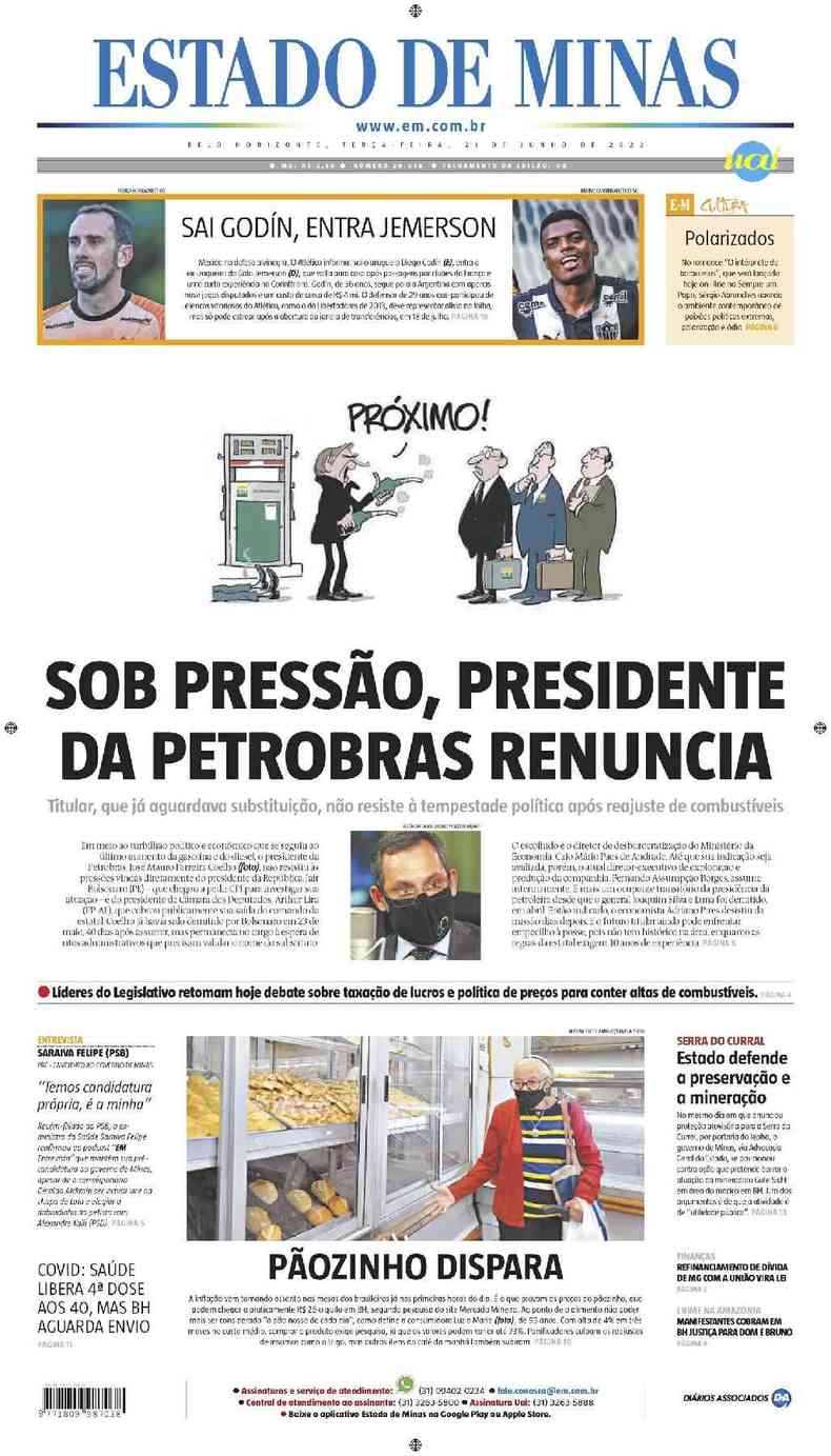 Confira a Capa do Jornal Estado de Minas do dia 21/06/2022
