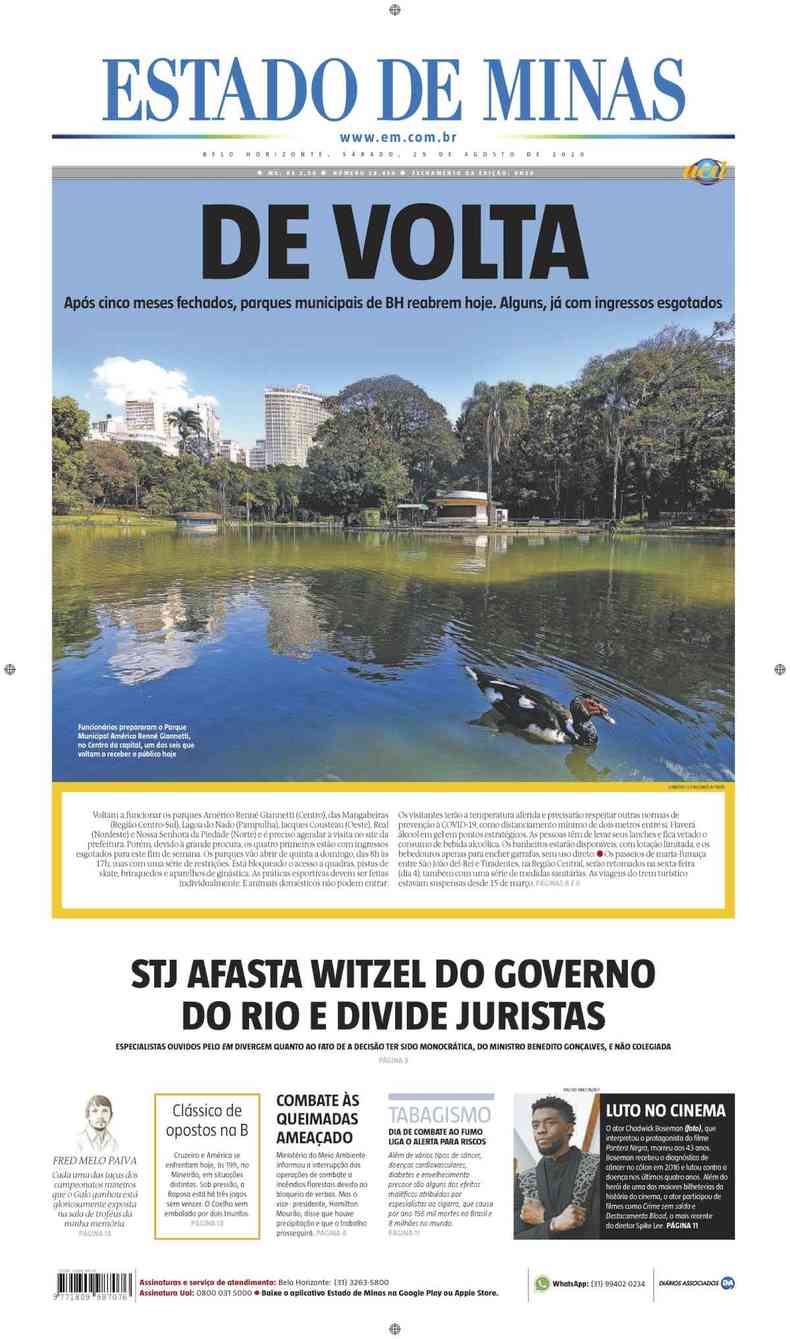 Confira a Capa do Jornal Estado de Minas do dia 29/08/2020(foto: Estado de Minas)