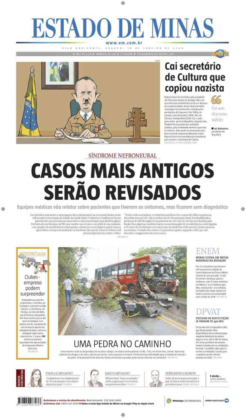 Confira a Capa do Jornal Estado de Minas do dia 18/01/2020(foto: Estado de Minas)