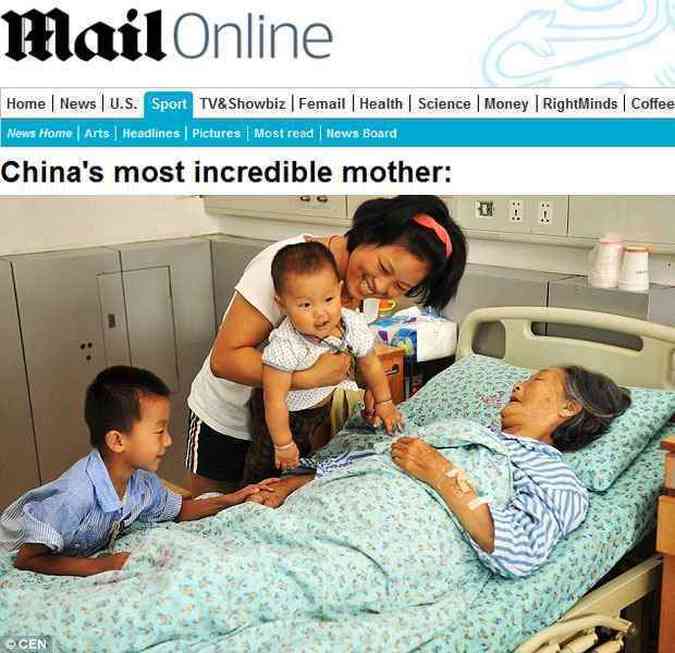 Crianas que a herona chinesa resgatou visitam-na no hospital, onde ela est internada devido a uma insuficincia renal(foto: Daily Mail/Reproduo)
